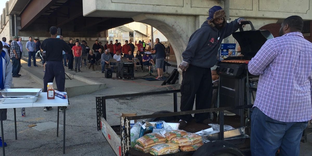 Worship Wagon service under a bridge in Kansas City